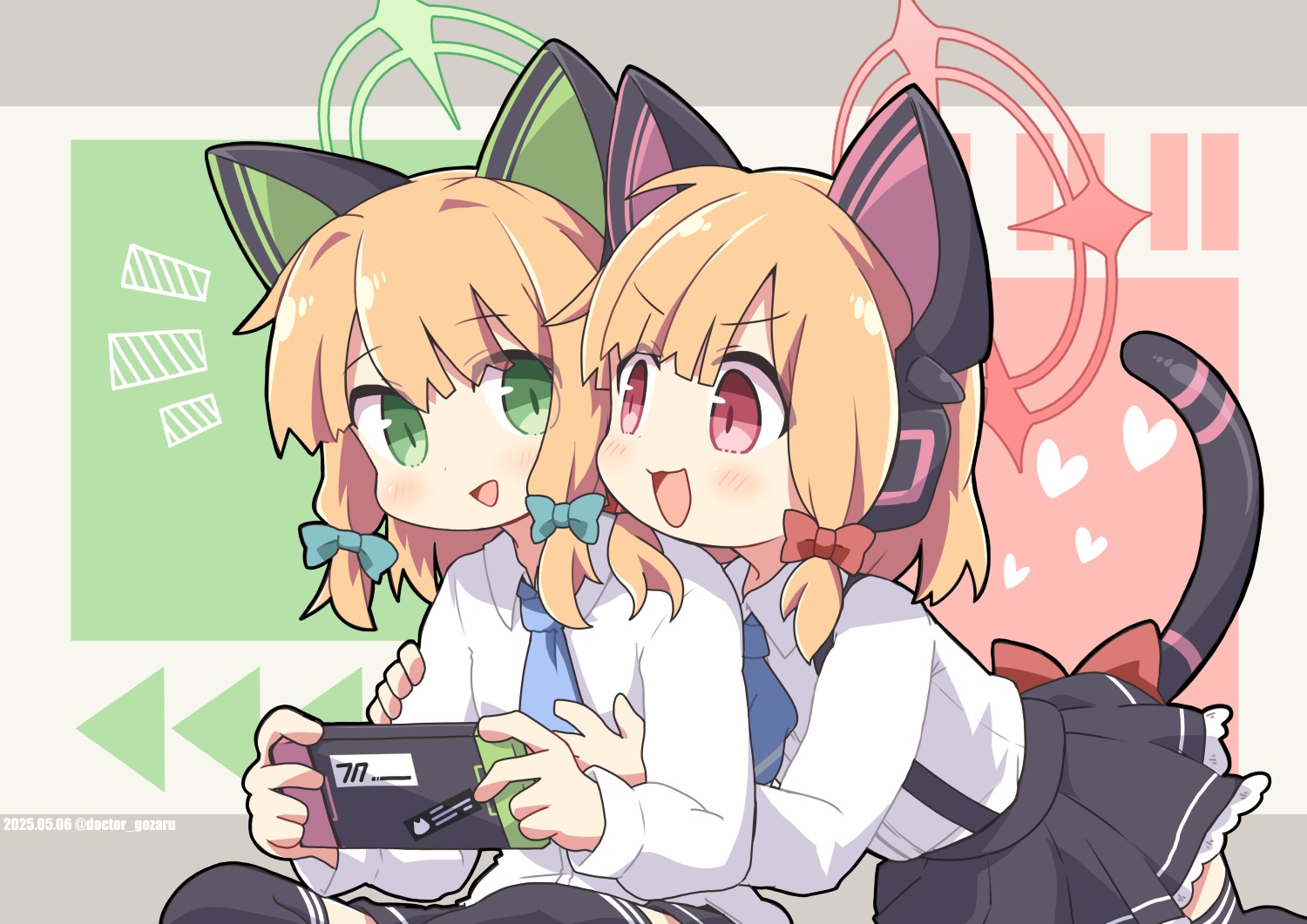 2girls, animal_ears, blonde_hair, blue_archive, blush, bow, catgirl, cat_smile, dokuta, game_console, green_eyes, halo, headphones, hug, loli, pink_eyes, saiba_midori, saiba_momoi, school_uniform, shirt, short_hair, skirt, tail, thighhighs, tie, twins, watermark