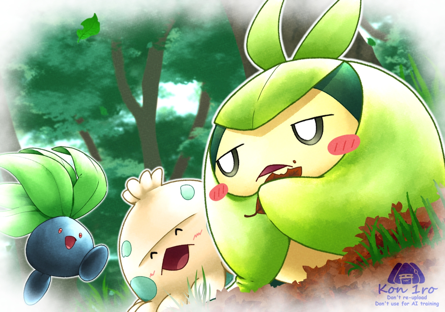 blush, close, forest, grass, kon'iro_(godzilla0725), leaves, no_humans, oddish, pokemon, red_eyes, shroomish, swadloon, tree, watermark