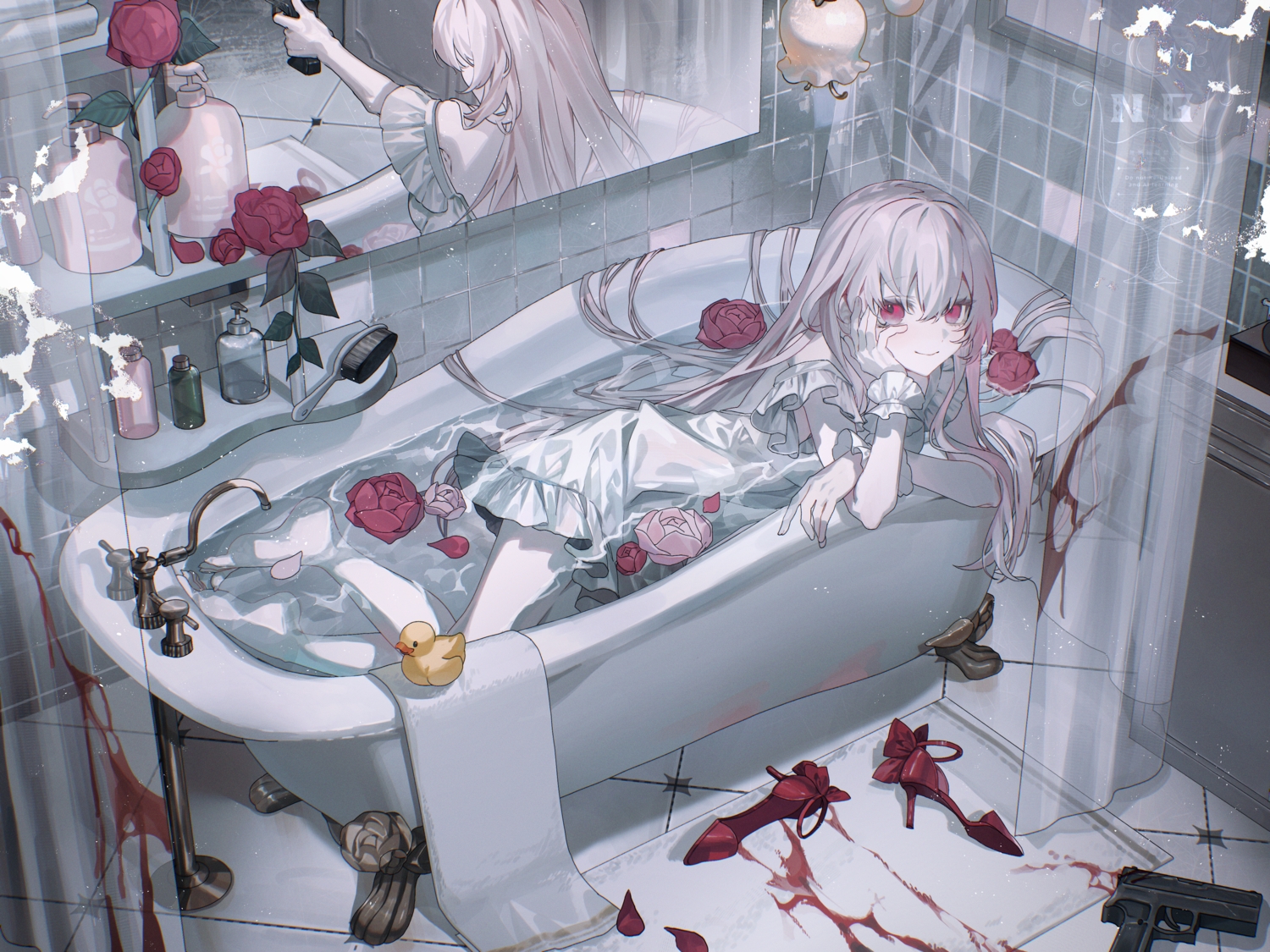 barefoot, bath, bathtub, blood, dress, flowers, gray_hair, gun, iwai_ku_tsuki, long_hair, mirror, original, red_eyes, reflection, water, weapon, wristwear