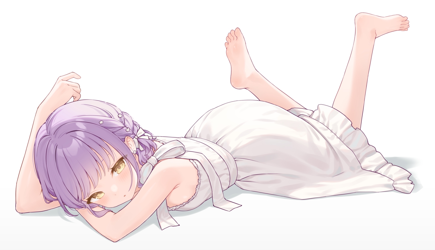 barefoot, blush, bow, braids, dress, miyayoki, original, purple_hair