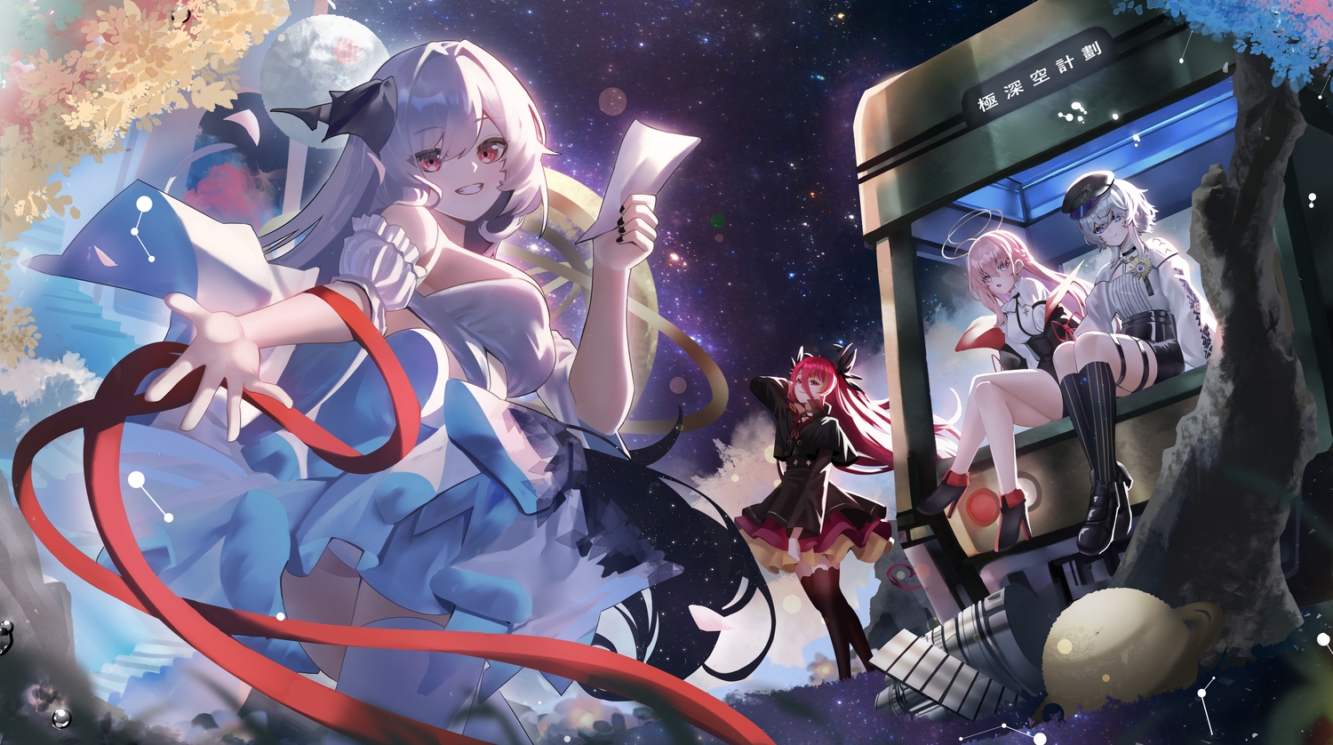 blue_eyes, boots, braids, choker, cygnus_(springfish_studio), dress, earendel_(springfish_studio), garter, gray_hair, group, halo, hat, horns, kneehighs, leaves, long_hair, maio05321, nemesis_(springfish_studio), night, oumua_(springfish_studio), paper, pink_eyes, pink_hair, planet, red_eyes, red_hair, ribbons, shirt, short_hair, shorts, sky, springfish_studio, stairs, stars, thighhighs, white_hair