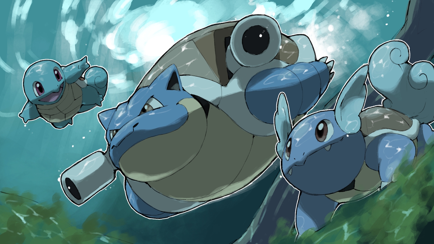 animal, blacknirrow, blastoise, brown_eyes, fang, gun, no_humans, pokemon