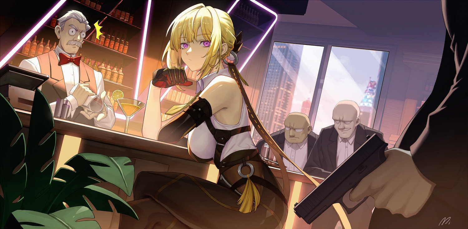 blonde_hair, bow, building, evelyn_chevalier, group, gun, male, mi_(630956686)