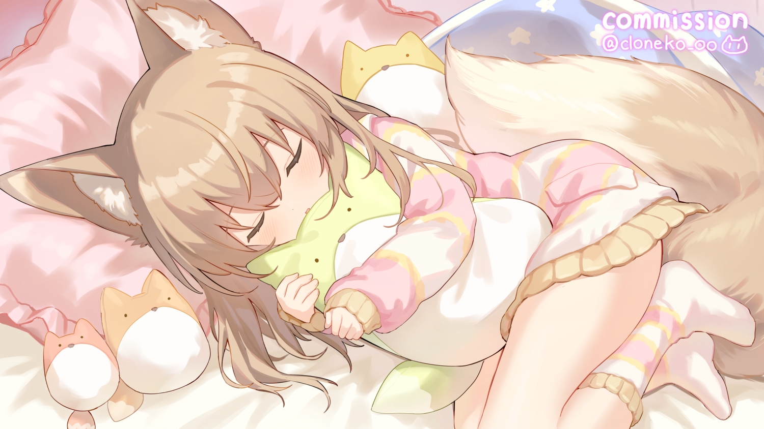 animal_ears, aruma_(goma), bed, blush, brown_hair, cloneko_(zelmeledf2), foxgirl, hug, kneehighs, loli, long_hair, original, pajamas, signed, sleeping, socks, tail