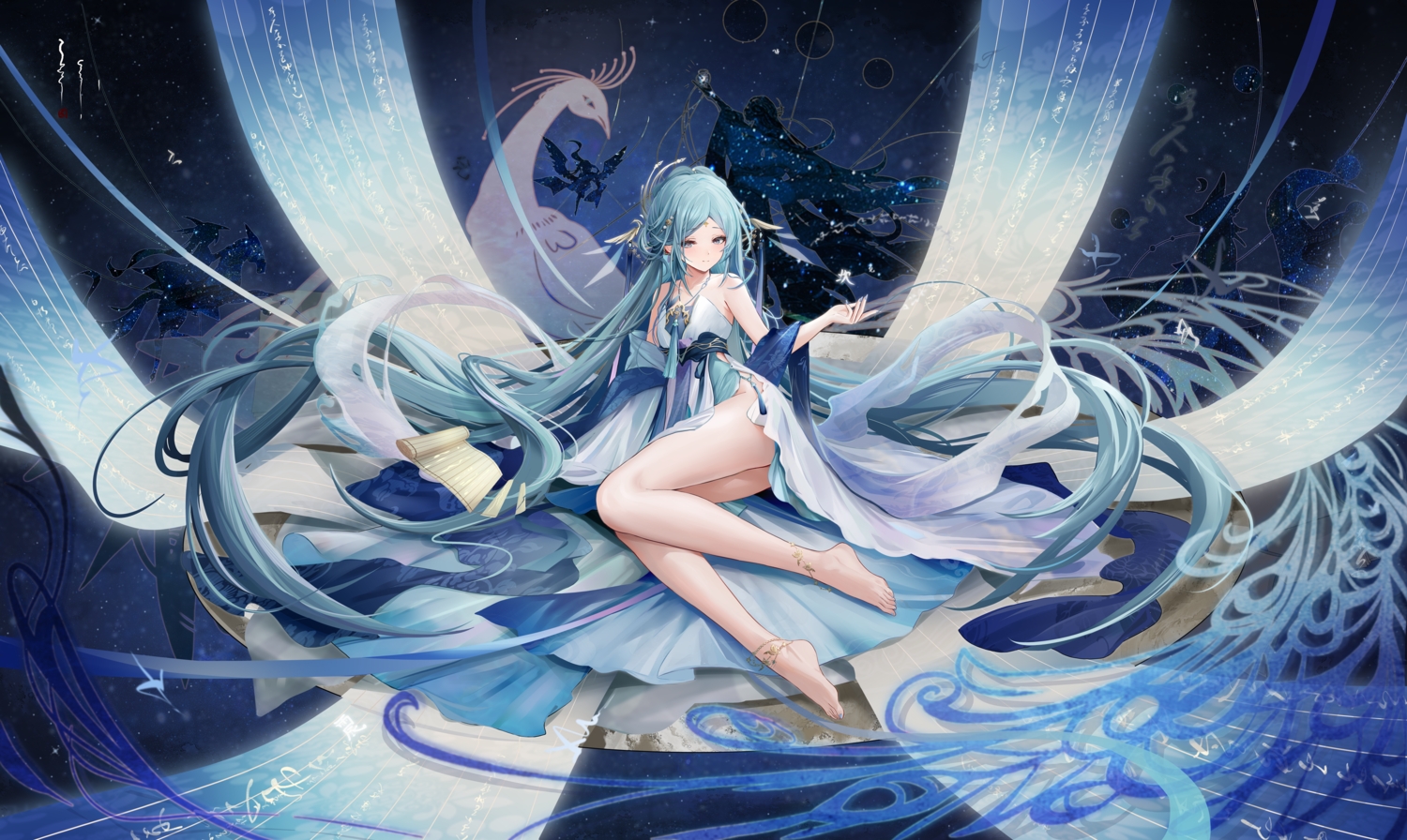 animal, anthropomorphism, aqua_eyes, aqua_hair, azur_lane, banchiyuebai, barefoot, bird