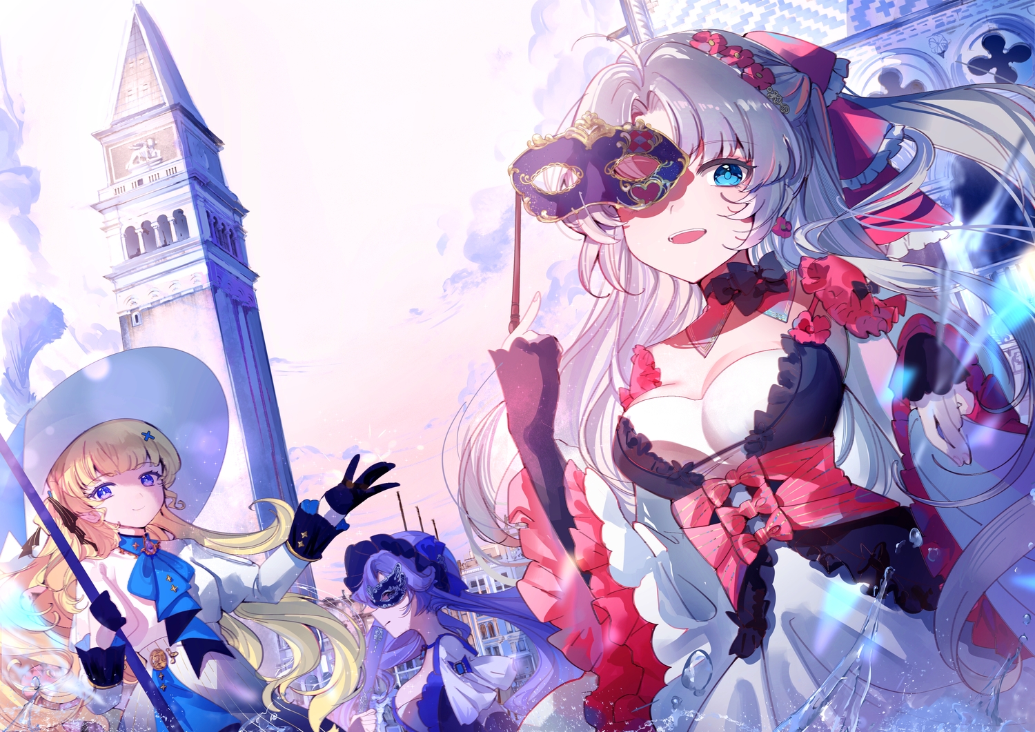aqua_eyes, blonde_hair, bow, breasts, building, cantarella_(wuthering_waves), carlotta_(wuthering_waves), cleavage