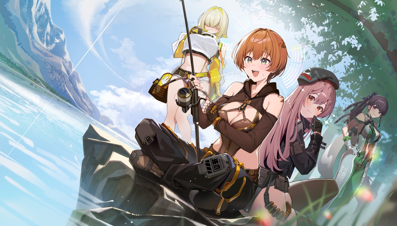 black_eyes, black_hair, blonde_hair, blush, bodysuit, boots, breasts, brown_hair