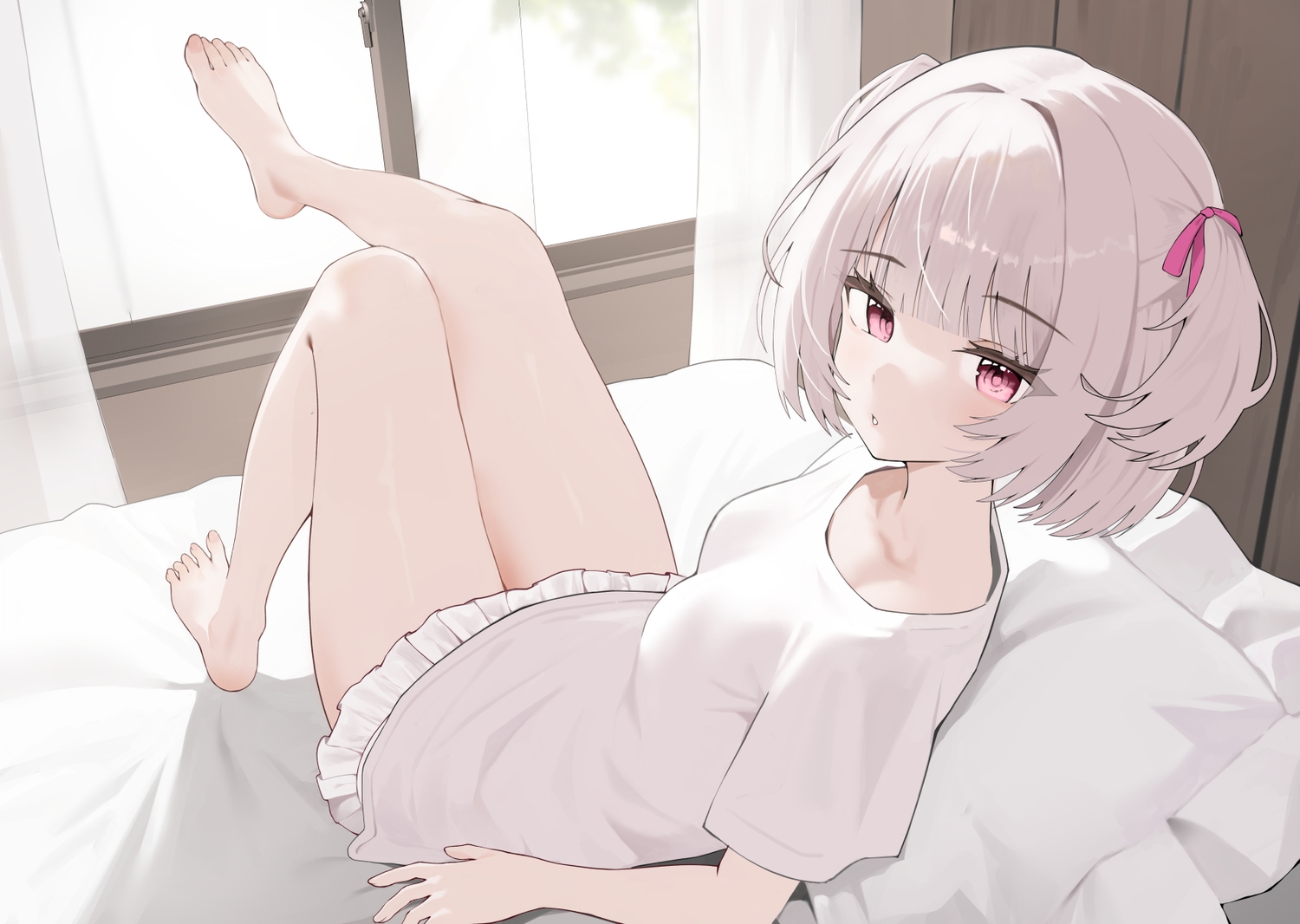aliasing, barefoot, bed, gray_hair, kagemoe1003, original, pink_eyes, short_hair