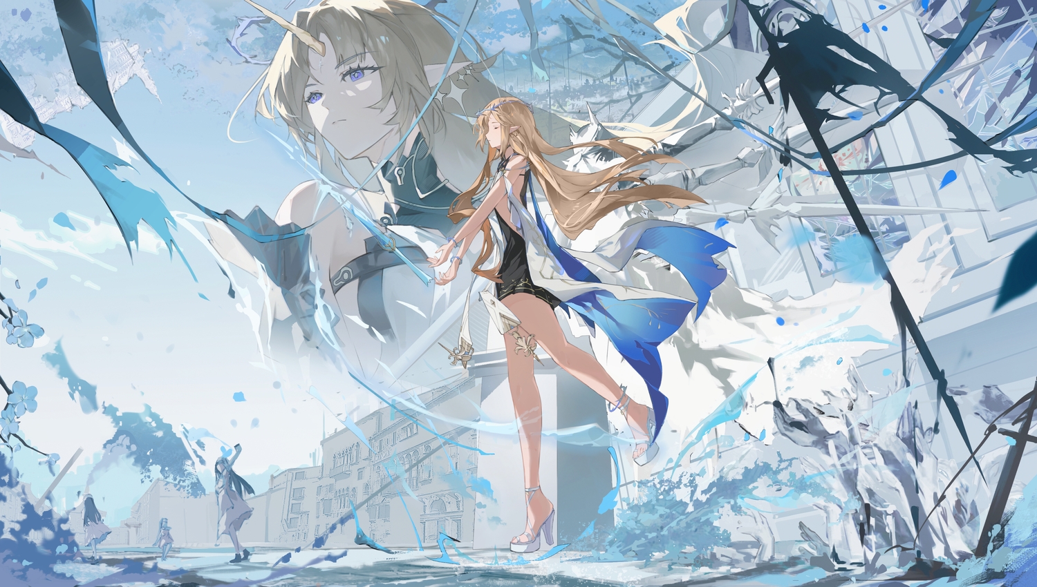 blonde_hair, building, cartethyia_(wuthering_waves), clouds, dress, fleurdelys_(wuthering_waves), headdress, horns, long_hair, pointed_ears, purple_eyes, sky, tuzi_yan, wristwear, wuthering_waves