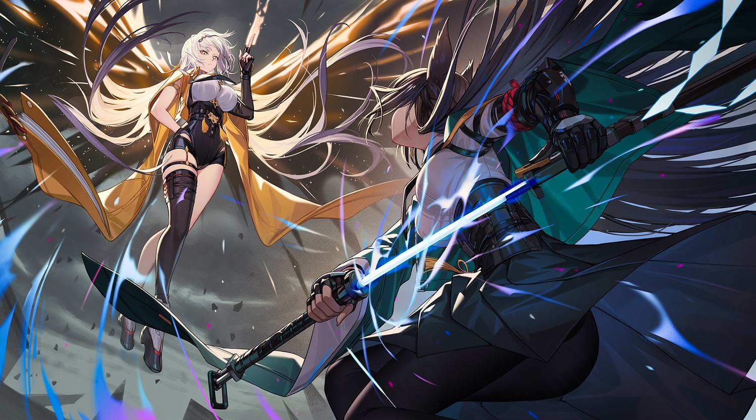 2girls, animal_ears, black_hair, braids, corset, elbow_gloves, foxgirl, garter