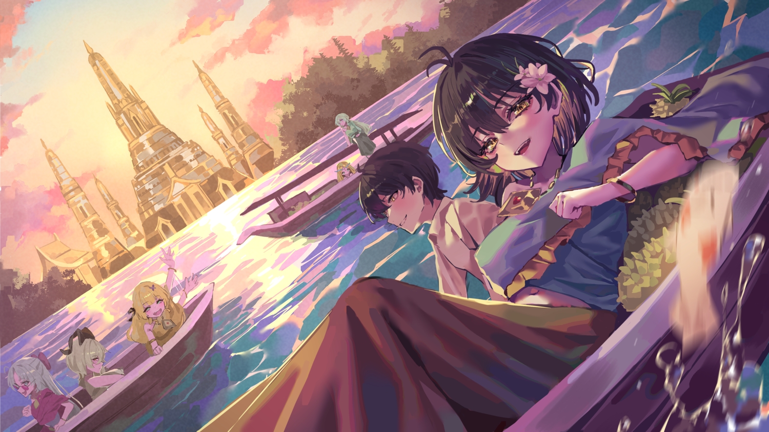 black_hair, blonde_hair, boat, bow, building, carlotta_(wuthering_waves), cartethyia_(wuthering_waves), clouds
