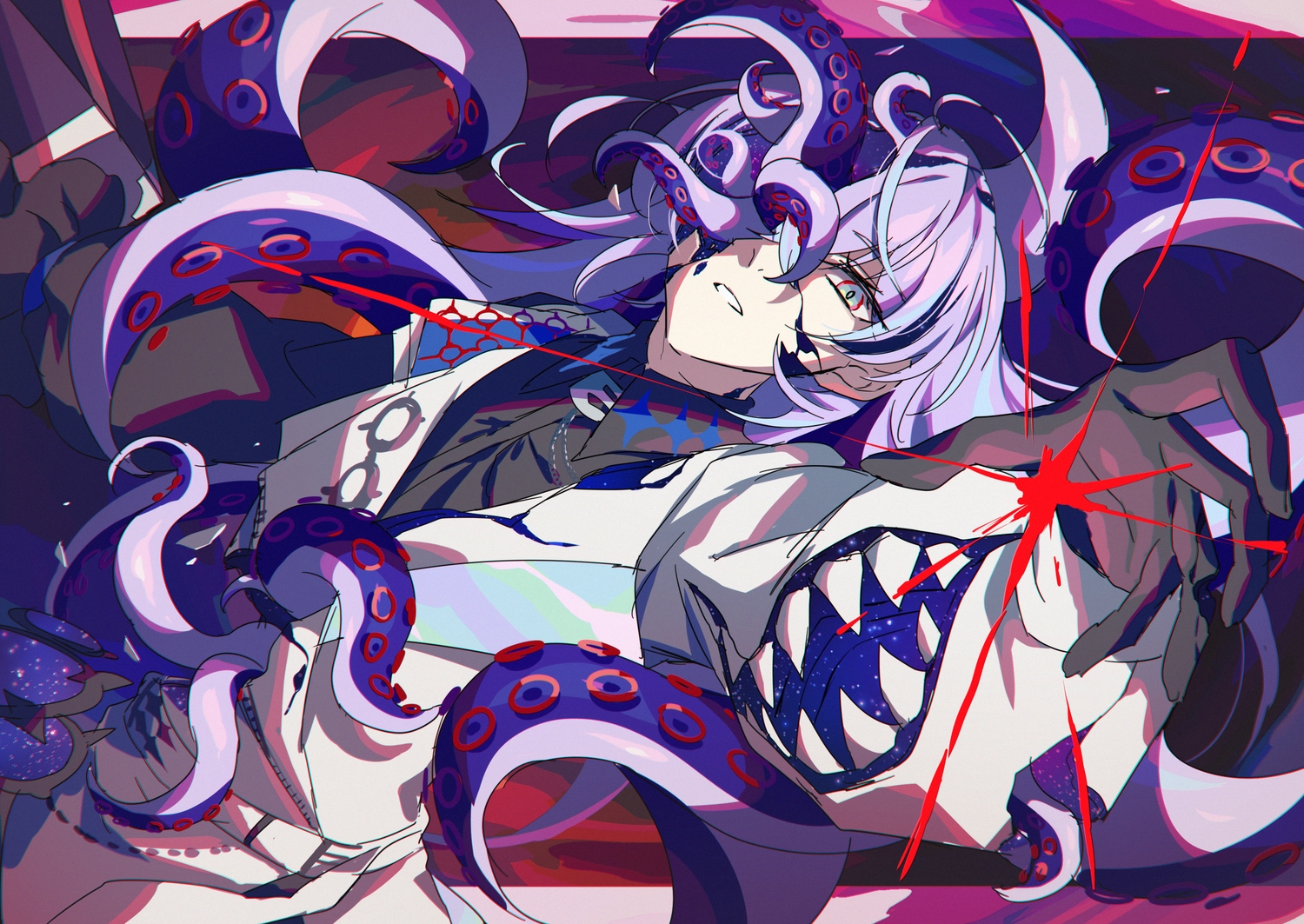 all_male, blue_eyes, gloves, kozakura_(dictionary), long_hair, magic, male, purple_hair