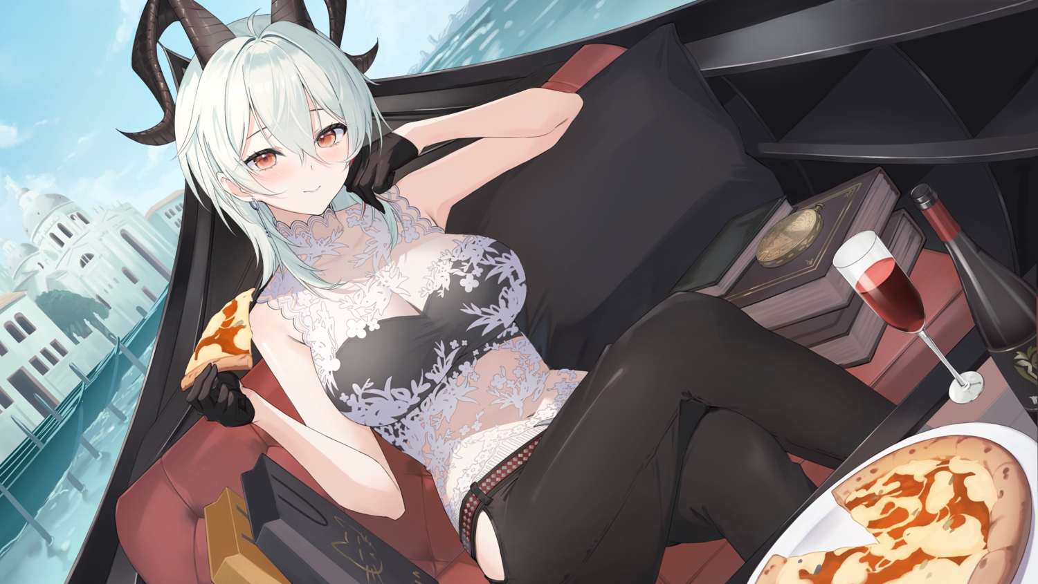 blush, boat, book, breasts, building, city, cleavage, clouds
