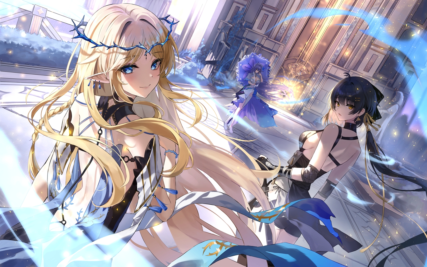 bandage, black_hair, blonde_hair, blue_eyes, breasts, building, cantarella_(wuthering_waves), cartethyia_(wuthering_waves)