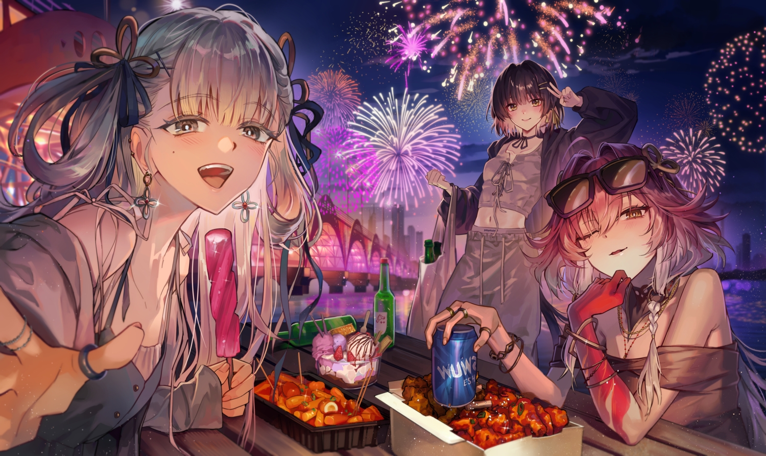 black_hair, blush, changli_(wuthering_waves), choker, clouds, drink, female_rover_(wuthering_waves), fireworks, food, fruit, gray_eyes, gray_hair, hood, ice_cream, jinhsi_(wuthering_waves), long_hair, navel, necklace, night, orange_eyes, pink_eyes, popsicle, sky, strawberry, wink, wristwear, wuthering_waves, yellow_eyes, yuckpo_55