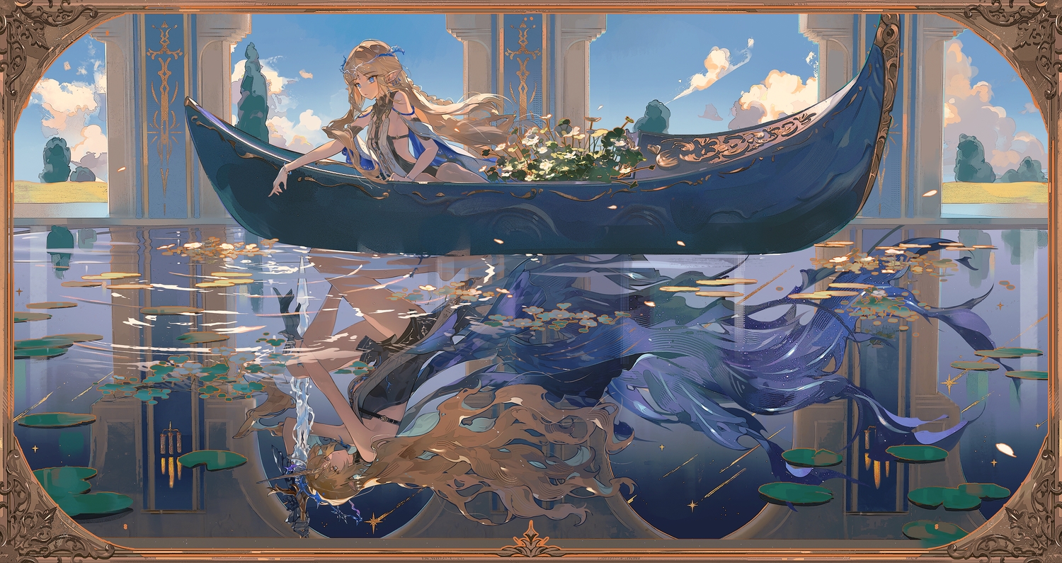 2girls, armor, blonde_hair, blue_eyes, boat, caaaaarrot, cartethyia_(wuthering_waves), clouds, dress, fleurdelys_(wuthering_waves), flowers, gloves, headdress, leaves, long_hair, no_bra, pointed_ears, reflection, sideboob, sky, sword, water, weapon, wristwear, wuthering_waves