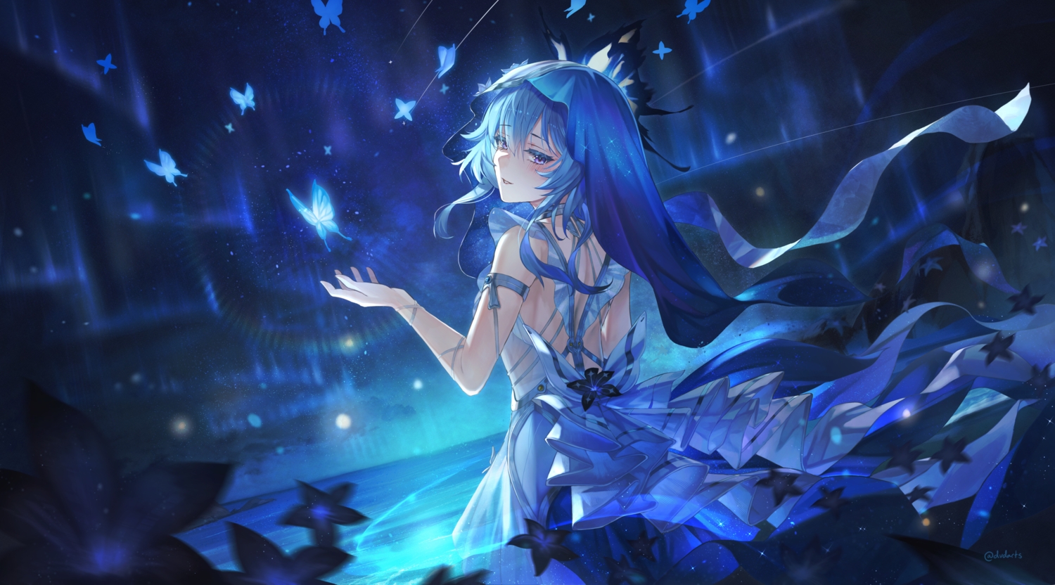 blue, blue_hair, blush, butterfly, choker, dress, dvdarts, flowers