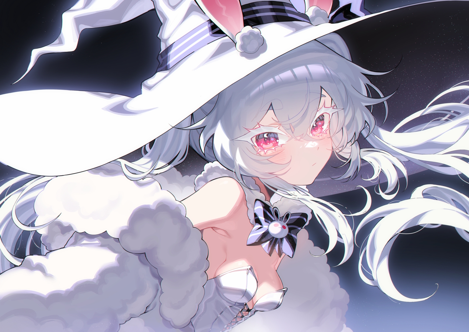 animal_ears, blush, bow, breasts, bunny_ears, bunnygirl, close, gray_hair