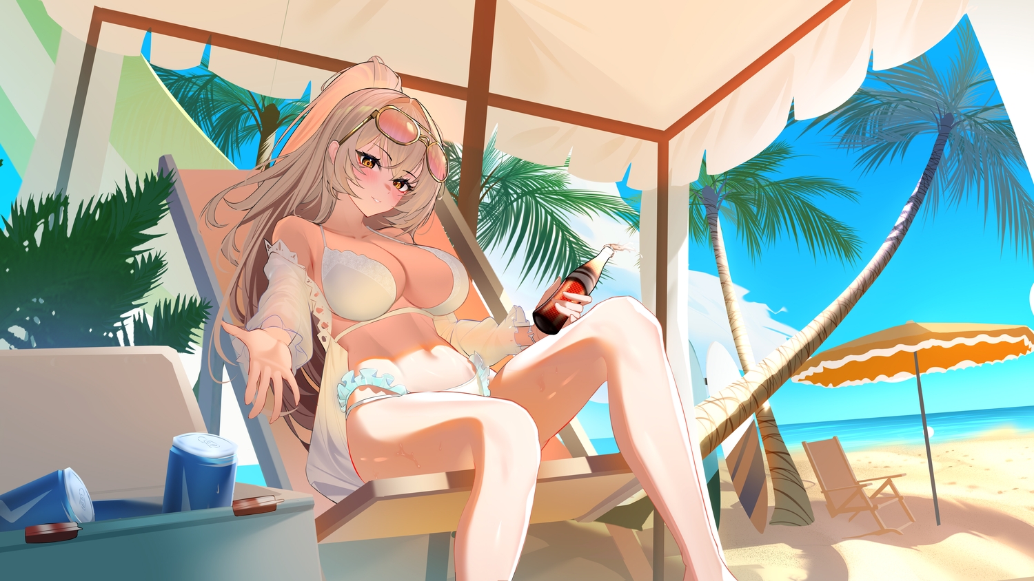 anthropomorphism, azur_lane, beach, bikini, blush, breasts, brown_hair, cleavage, clouds, drink, lion_(azur_lane), long_hair, orange_eyes, ponytail, shade, sky, sunglasses, swimsuit, thunder-35, tree, umbrella, water