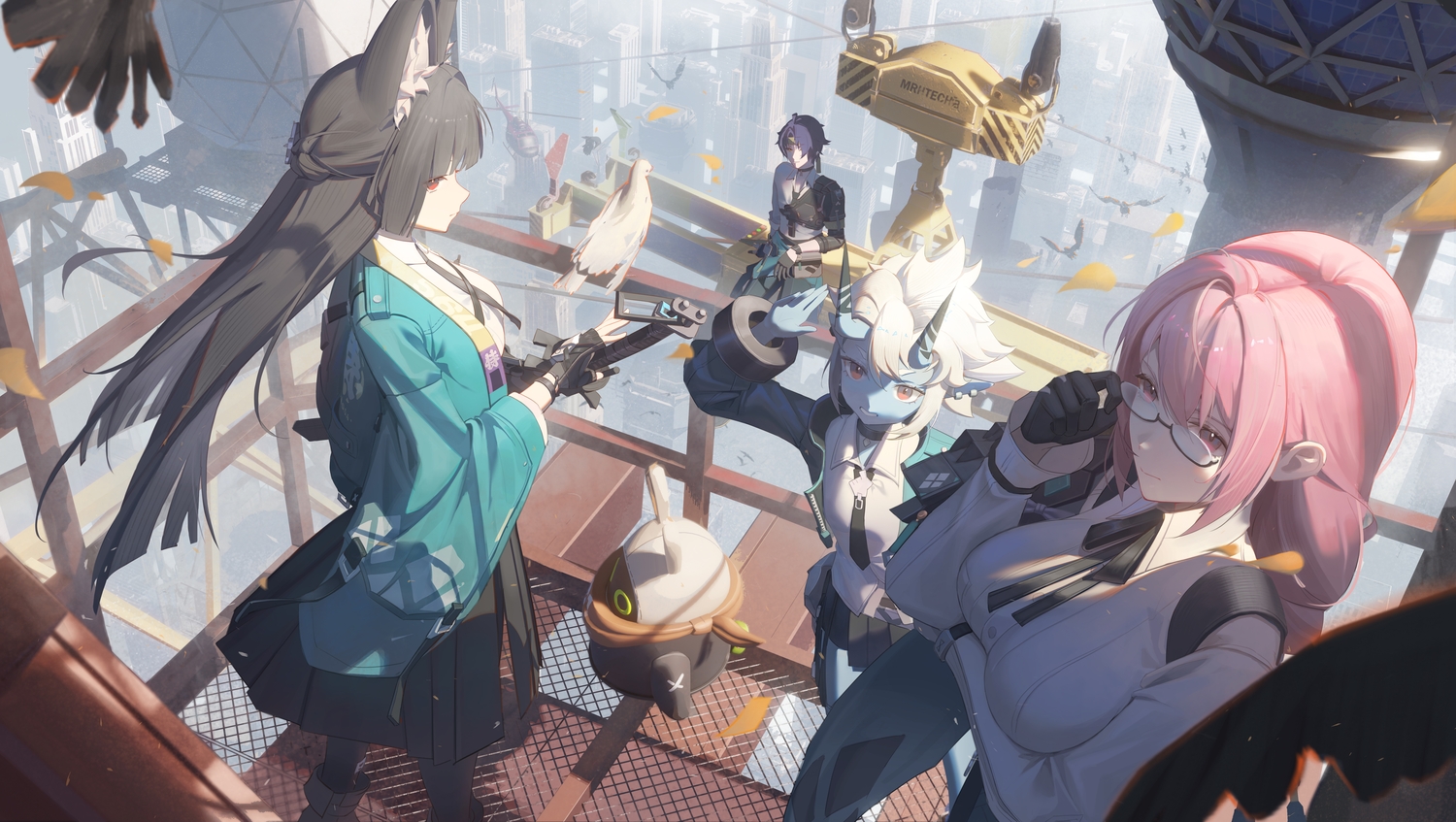 animal, animal_ears, armor, asaba_harumasa, bird, black_hair, blue_hair, boots, bow, braids, breast_hold, building, choker, city, foxgirl, glasses, gloves, group, headband, horns, hoshimi_miyabi, industrial, japanese_clothes, katana, kimono, long_hair, male, pink_eyes, pink_hair, red_eyes, shade, shengkai167, shirt, short_hair, skirt, soukaku_(zenless_zone_zero), sword, tie, tsukishiro_yanagi, weapon, white_hair, wristwear, yellow_eyes, zenless_zone_zero