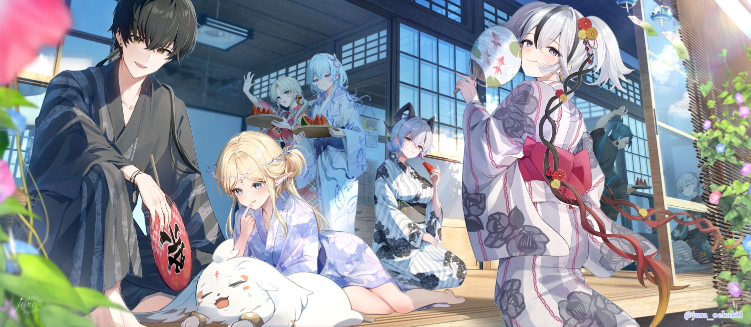 abby_(wuthering_waves), aliasing, aqua_eyes, aqua_hair, barefoot, black_eyes, black_hair, blonde_hair