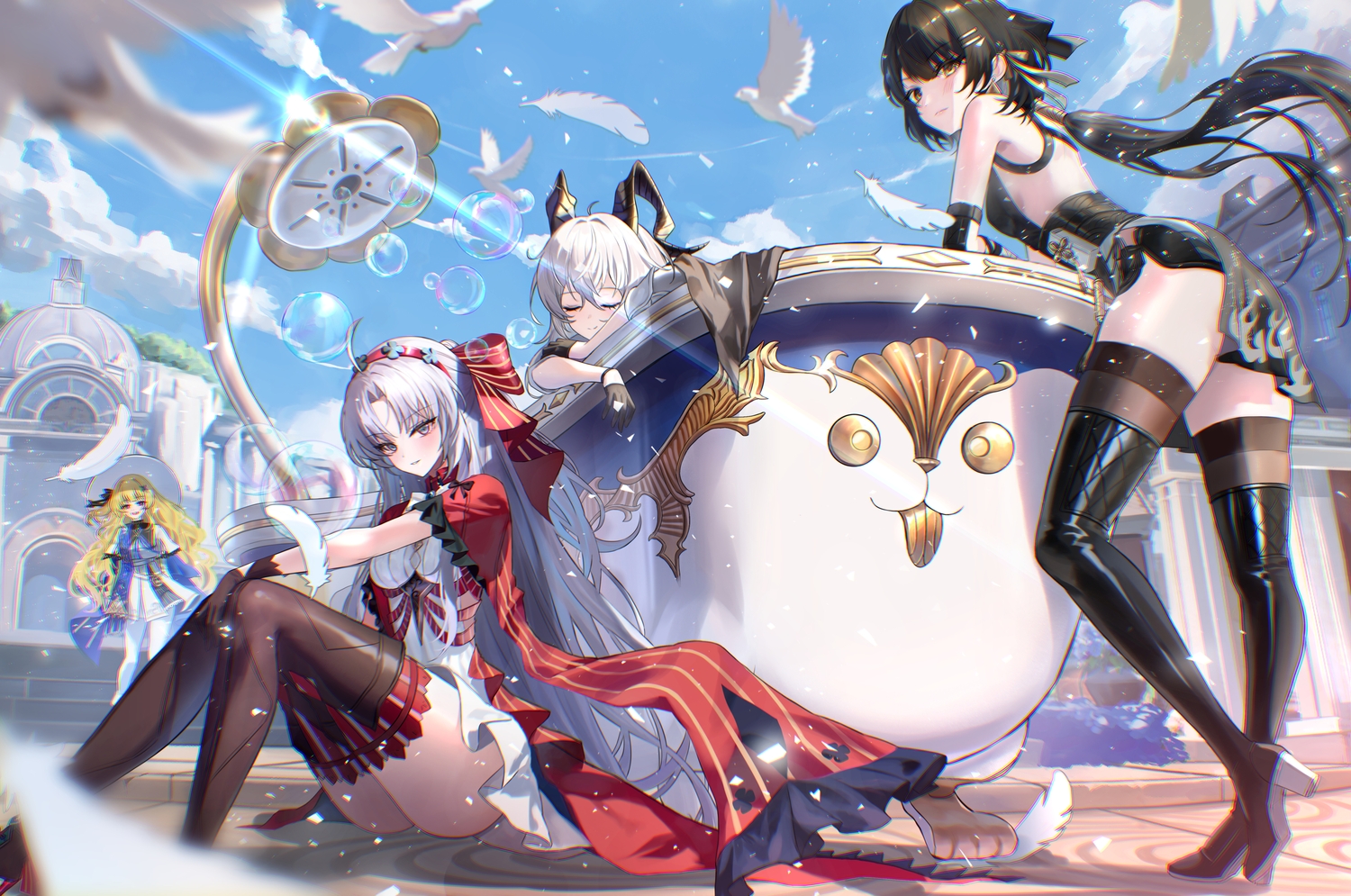animal, bath, bathtub, bird, black_hair, blonde_hair, boots, bow