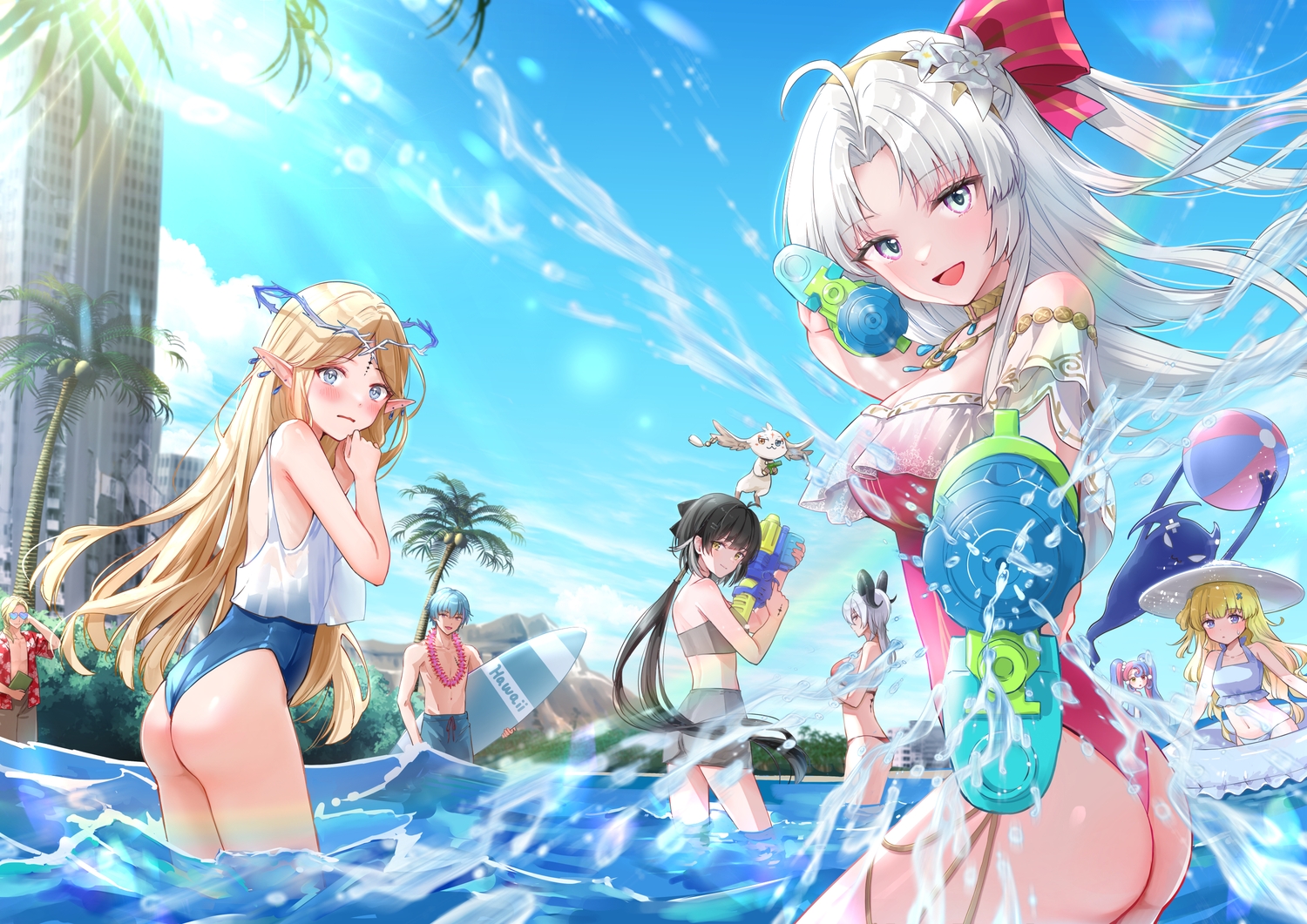 abby_(wuthering_waves), akasaka_aka, aliasing, aqua_hair, ass, ball, bicolored_eyes, bikini, black_hair, blonde_hair, blue_eyes, blush, book, bow, brant_(wuthering_waves), breasts, building, carlotta_(wuthering_waves), cartethyia_(wuthering_waves), cat_smile, choker, cleavage, clouds, cristoforo_(wuthering_waves), female_rover_(wuthering_waves), gray_eyes, gray_hair, group, gun, hat, headband, headdress, horns, long_hair, male, necklace, pero_(wuthering_waves), phoebe_(wuthering_waves), pointed_ears, ponytail, purple_eyes, red_eyes, roccia_(wuthering_waves), school_swimsuit, short_hair, shorts, sky, sunglasses, swim_ring, swimsuit, tree, twintails, water, weapon, wuthering_waves, zani_(wuthering_waves)