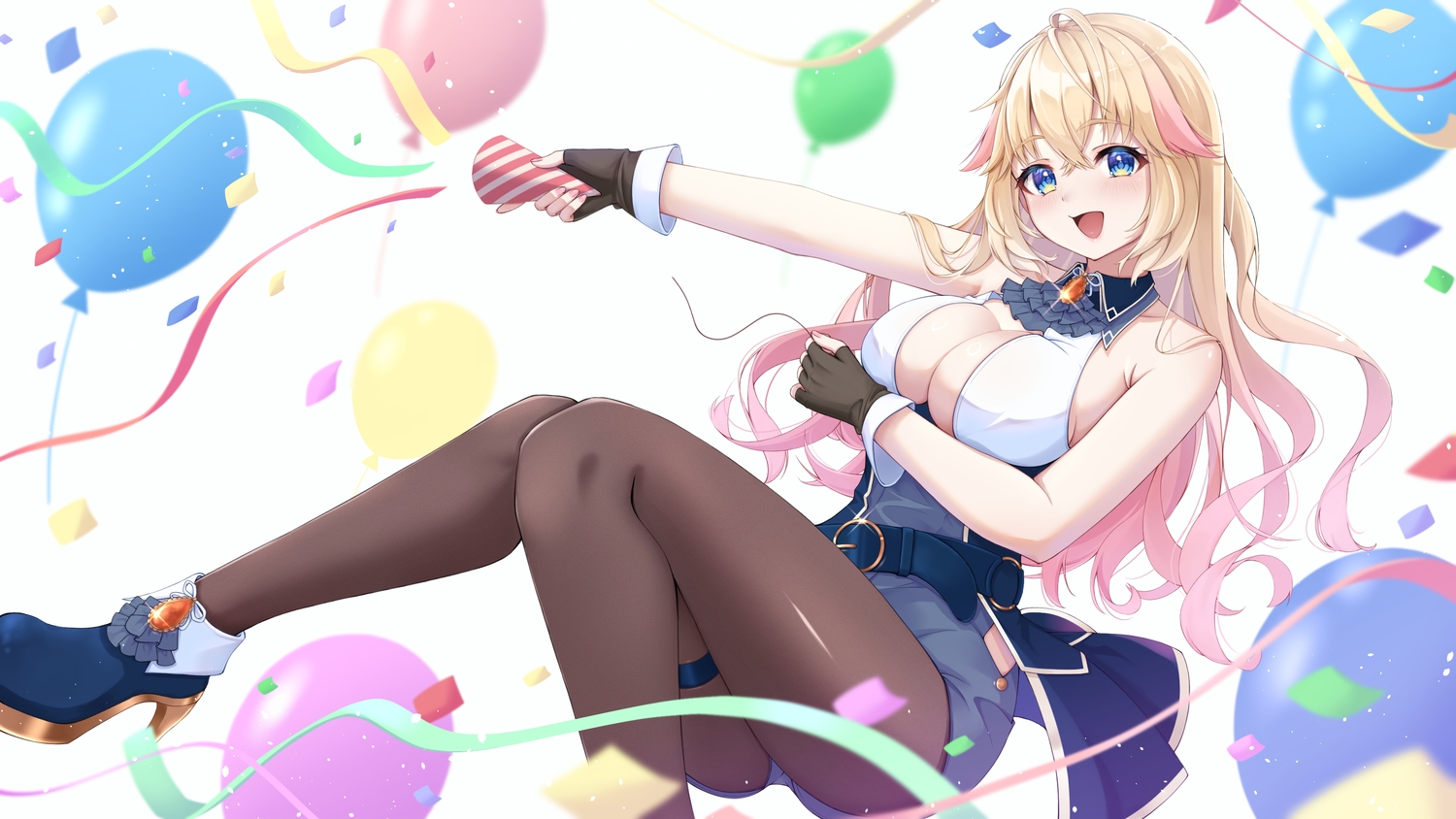 blonde_hair, blue_eyes, blush, breast_hold, breasts, cleavage, garter, gloves
