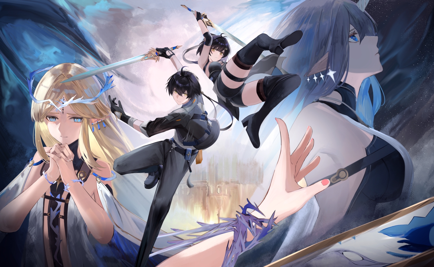 bandage, black_hair, blonde_hair, blue_eyes, boots, cartethyia_(wuthering_waves), dress, eugle_na