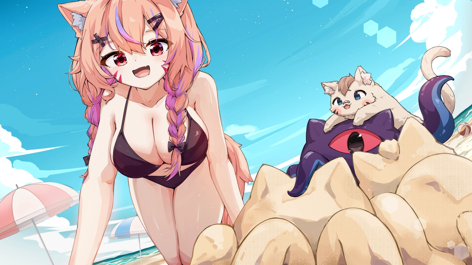 animal_ears, beach, bikini, blonde_hair, breasts, catgirl, indie_virtual_youtuber, jpeg_artifacts