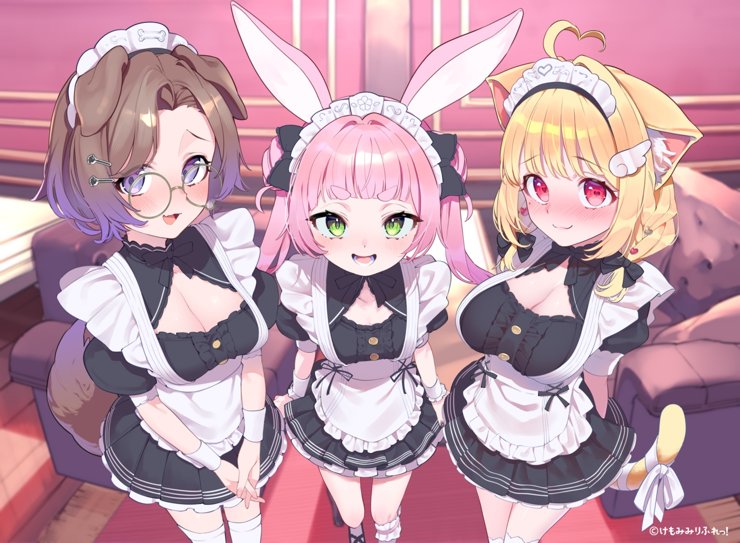 animal_ears, blonde_hair, blush, breasts, brown_hair, bunnygirl, catgirl, cleavage