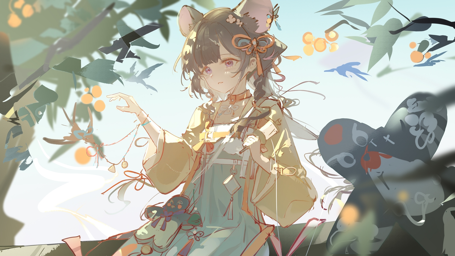 animal_ears, arknights, black_hair, blush, braids, chinese_clothes, choker, luozhou_pile