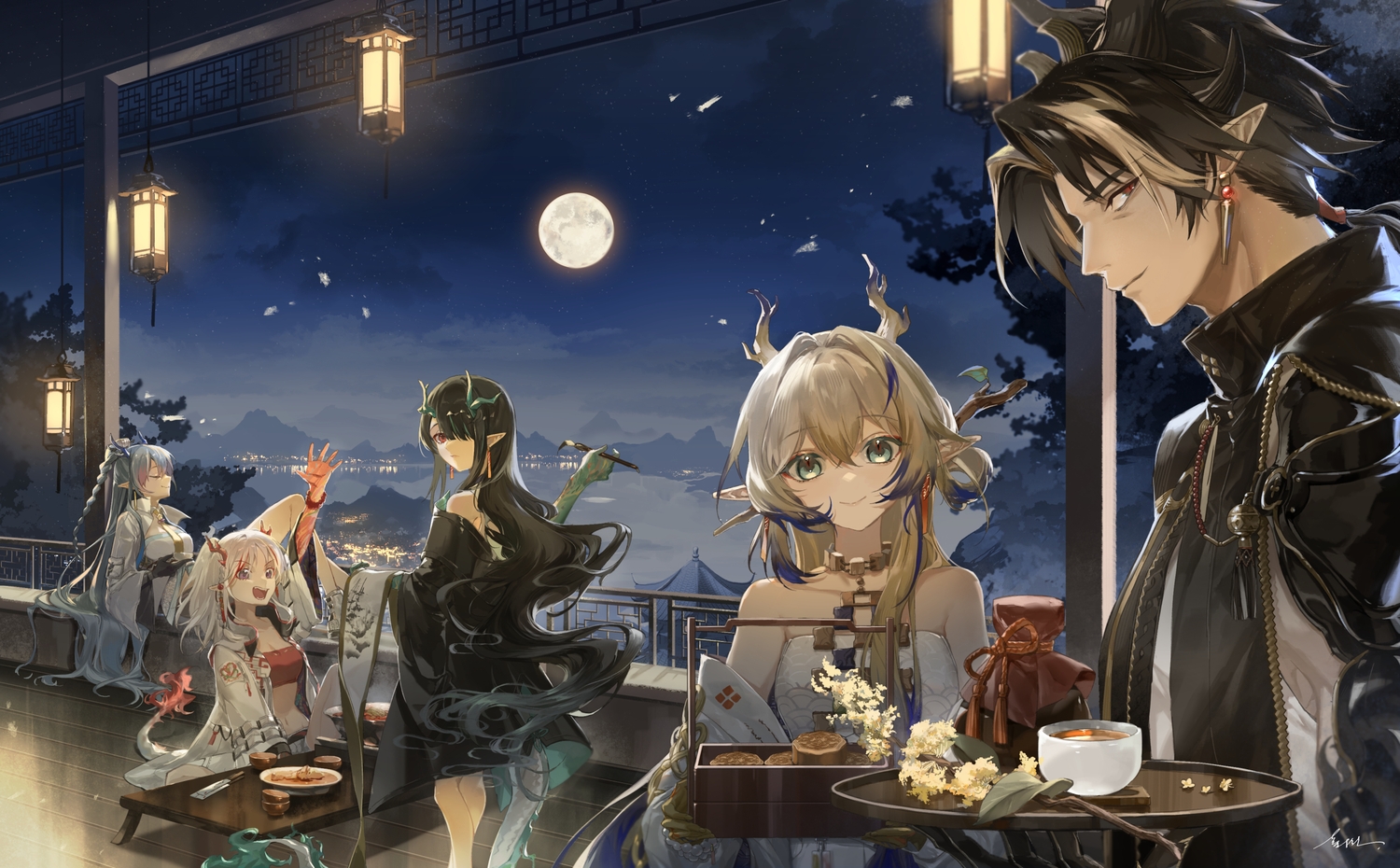 aqua_eyes, arknights, black_hair, blue_hair, braids, breasts, chong_yue_(arknights), cleavage