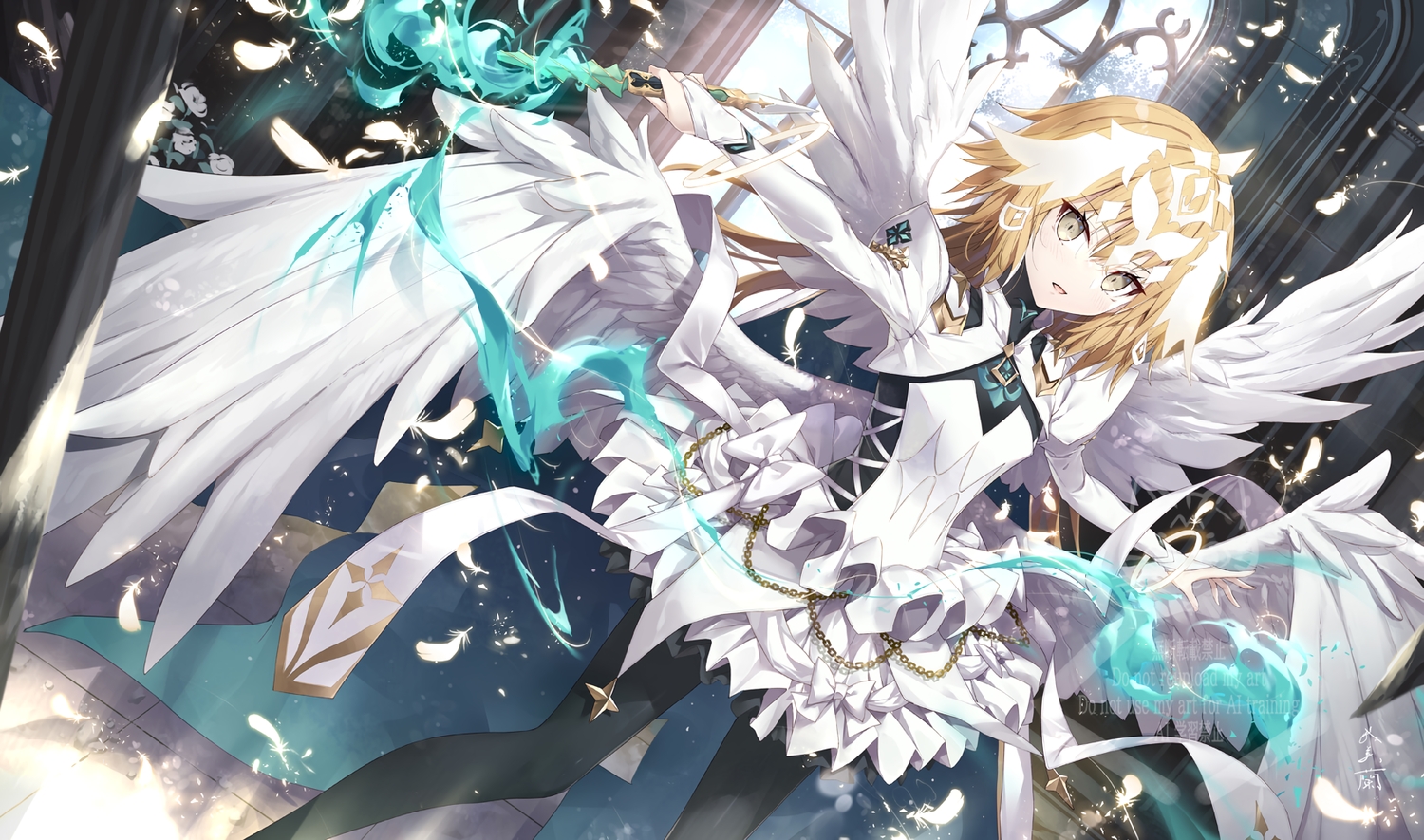 blonde_hair, blush, bow, chain, dress, elbow_gloves, fate/grand_order, fate_(series), feathers, gabiran, gloves, headdress, jeanne_d'arc_(fate), long_hair, magic, metatron_jeanne_(fate), pantyhose, signed, watermark, wings, wristwear, yellow_eyes