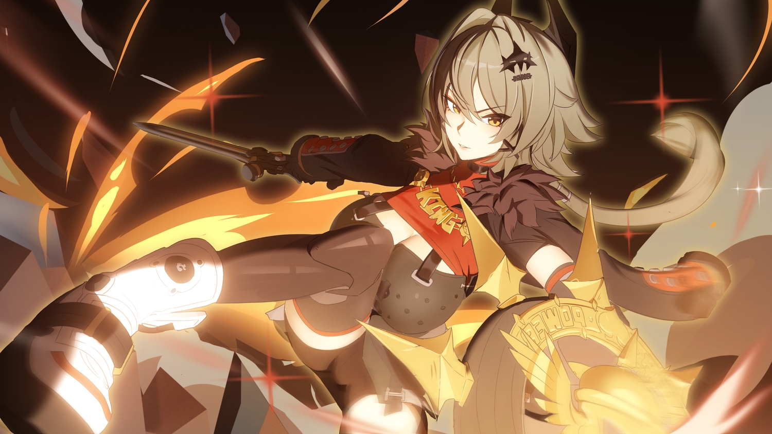 armor, bike_shorts, breasts, caesar_king_(zenless_zone_zero), choker, cleavage, gray_hair, horns