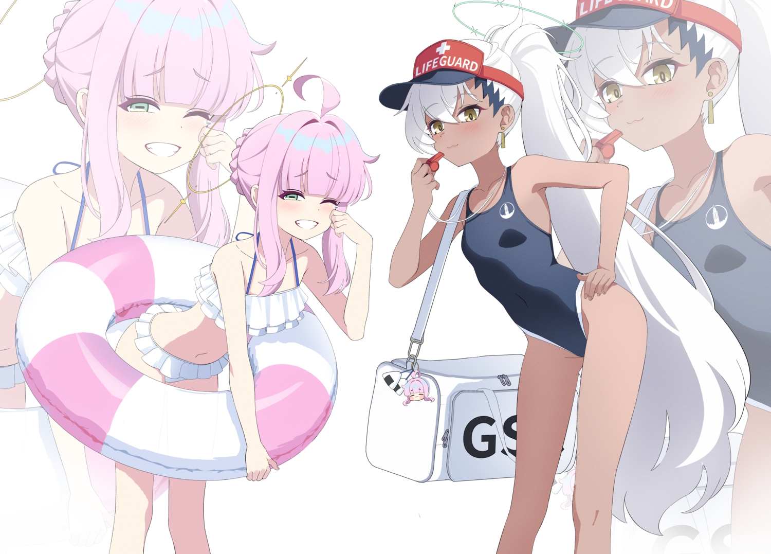 2girls, aliasing, bikini, blue_archive, blush, braids, cat_smile, cropped