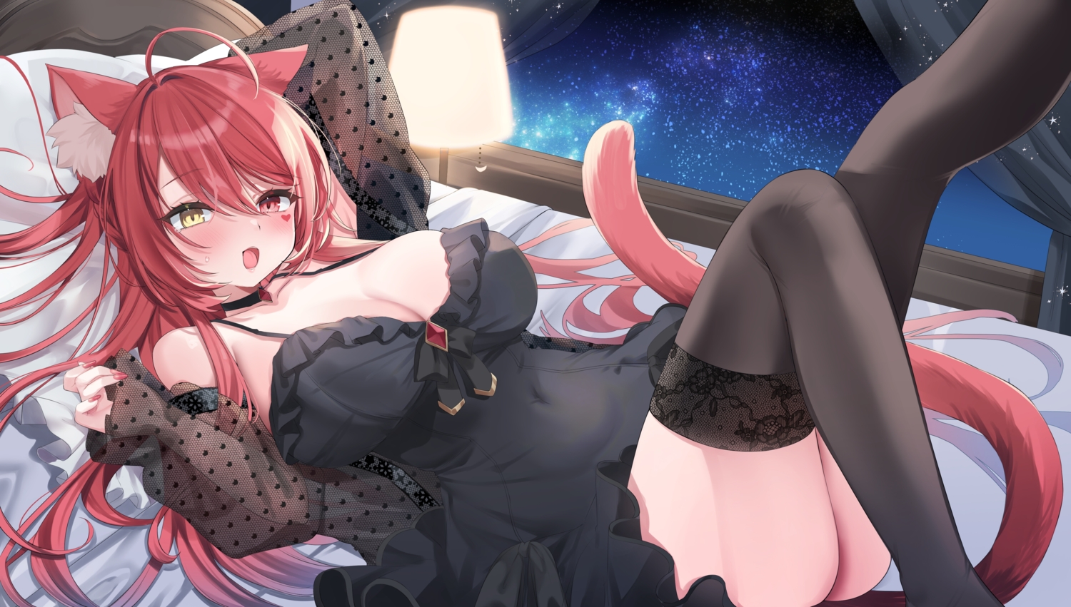 akahaneko, animal_ears, bed, bicolored_eyes, blush, bow, braids, breasts, catgirl, choker, cleavage, dress, long_hair, night, red_hair, see_through, sky, stars, tail, tears, thighhighs