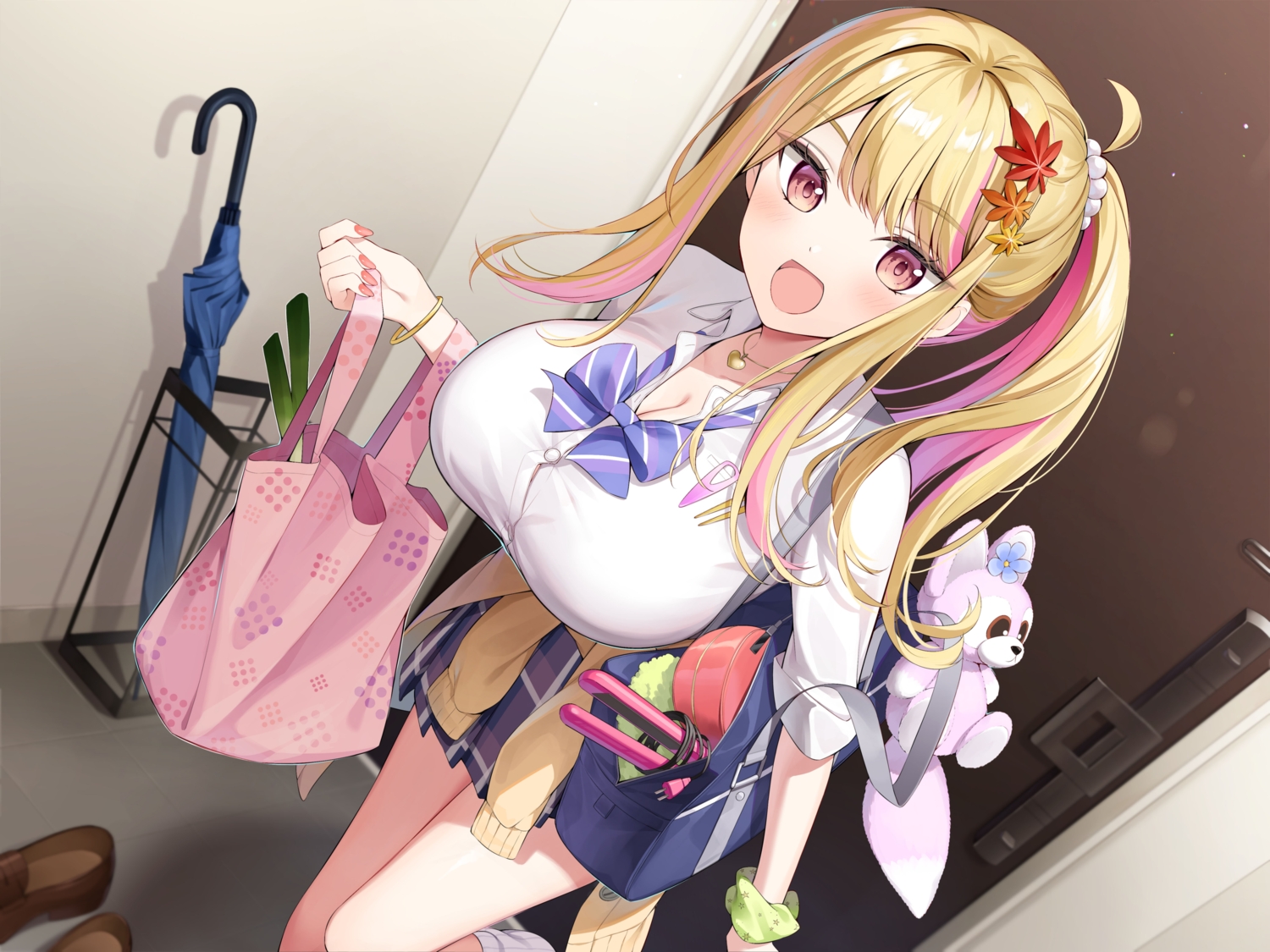 blonde_hair, blush, bow, breasts, cleavage, long_hair, original, oryou