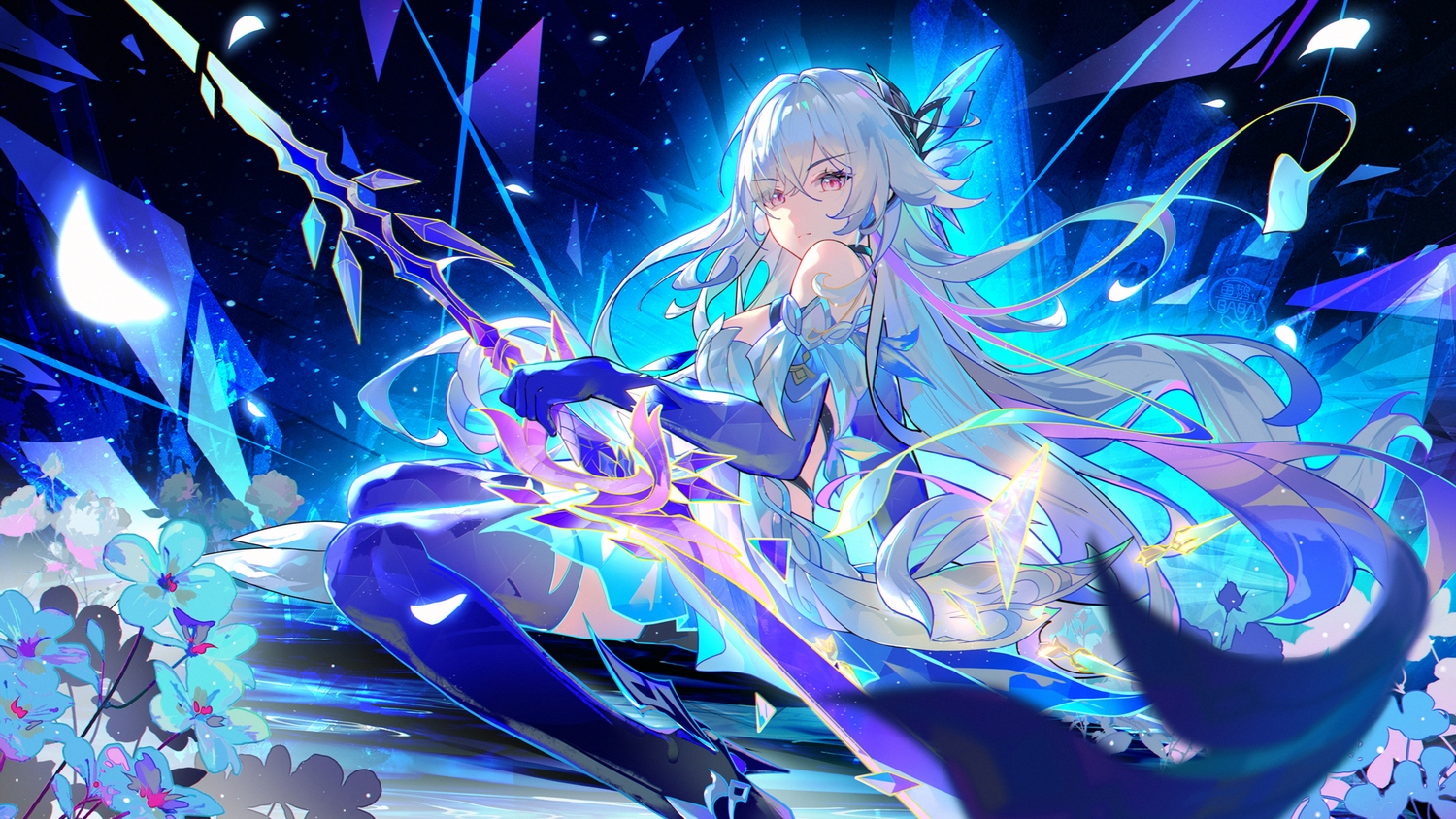 boots, dress, elbow_gloves, flowers, genshin_impact, gloves, long_hair, petals