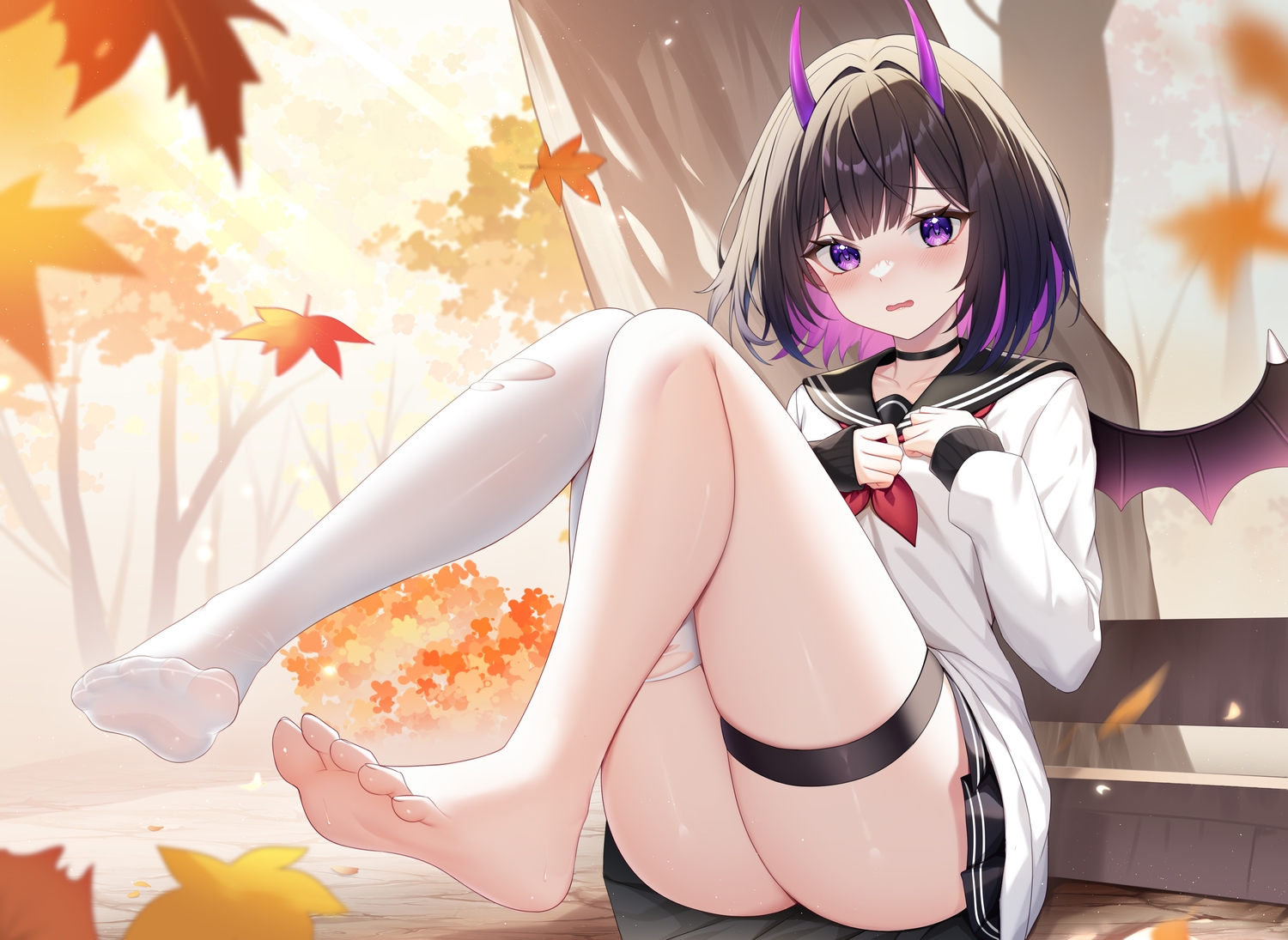 autumn, barefoot, bencao_gangmu_(anquan_sy), black_hair, blush, choker, garter, horns, leaves, original, purple_eyes, school_uniform, short_hair, skirt, thighhighs, torn_clothes, tree, wings