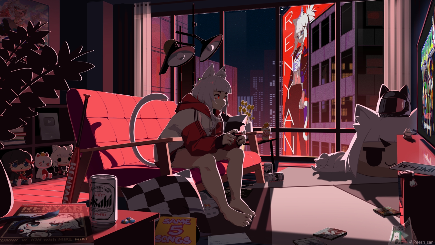 aliasing, animal, animal_ears, barefoot, baseball_bat, building, cat, catgirl