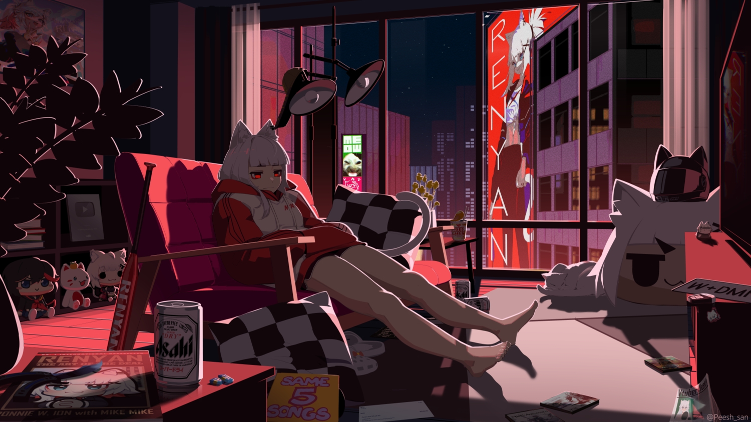 aliasing, animal, animal_ears, barefoot, baseball_bat, building, cat, catgirl