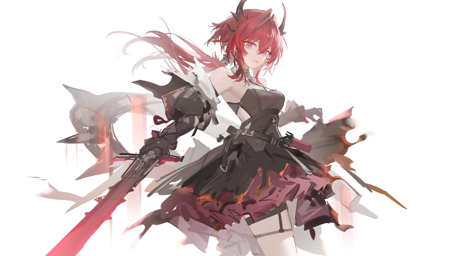 arknights, dress, elbow_gloves, garter, gloves, horns, long_hair, luozhou_pile