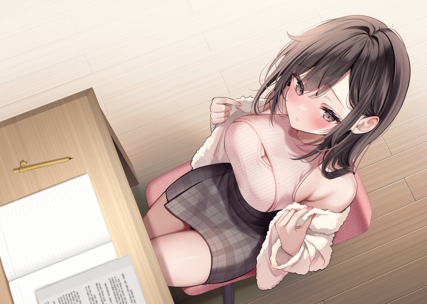 azato_jk_(yugaa), blush, book, breasts, brown_eyes, brown_hair, cleavage, long_hair, original, skirt, yugaa