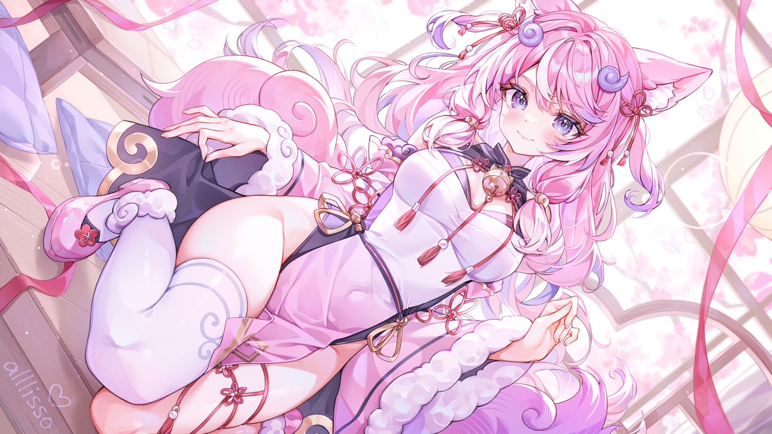 alllisso, animal_ears, bell, blush, chinese_clothes, chinese_dress, dress, fang, flowers, garter, indie_virtual_youtuber, long_hair, pink_hair, purple_eyes, ribbons, signed, tail, thighhighs, tree, yuji_(vtuber)