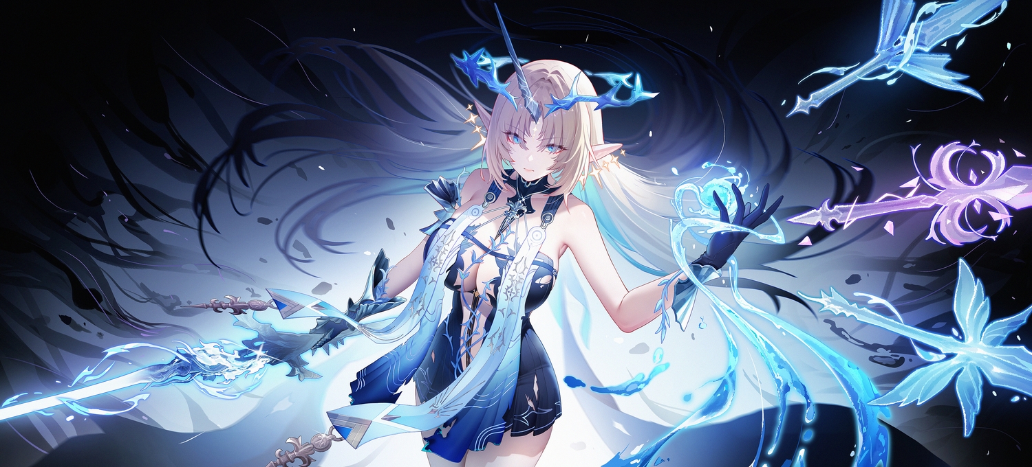 aqua_eyes, armor, blonde_hair, breasts, cleavage, dress, elbow_gloves, fleurdelys_(wuthering_waves)