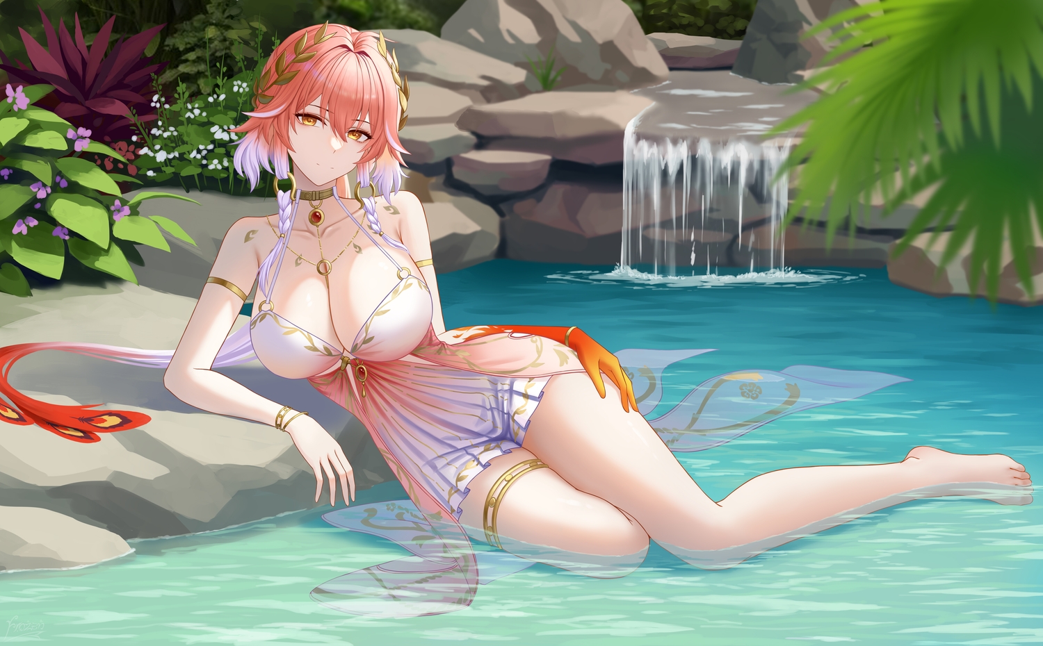 barefoot, braids, breasts, changli_(wuthering_waves), choker, cleavage, dress, flowers