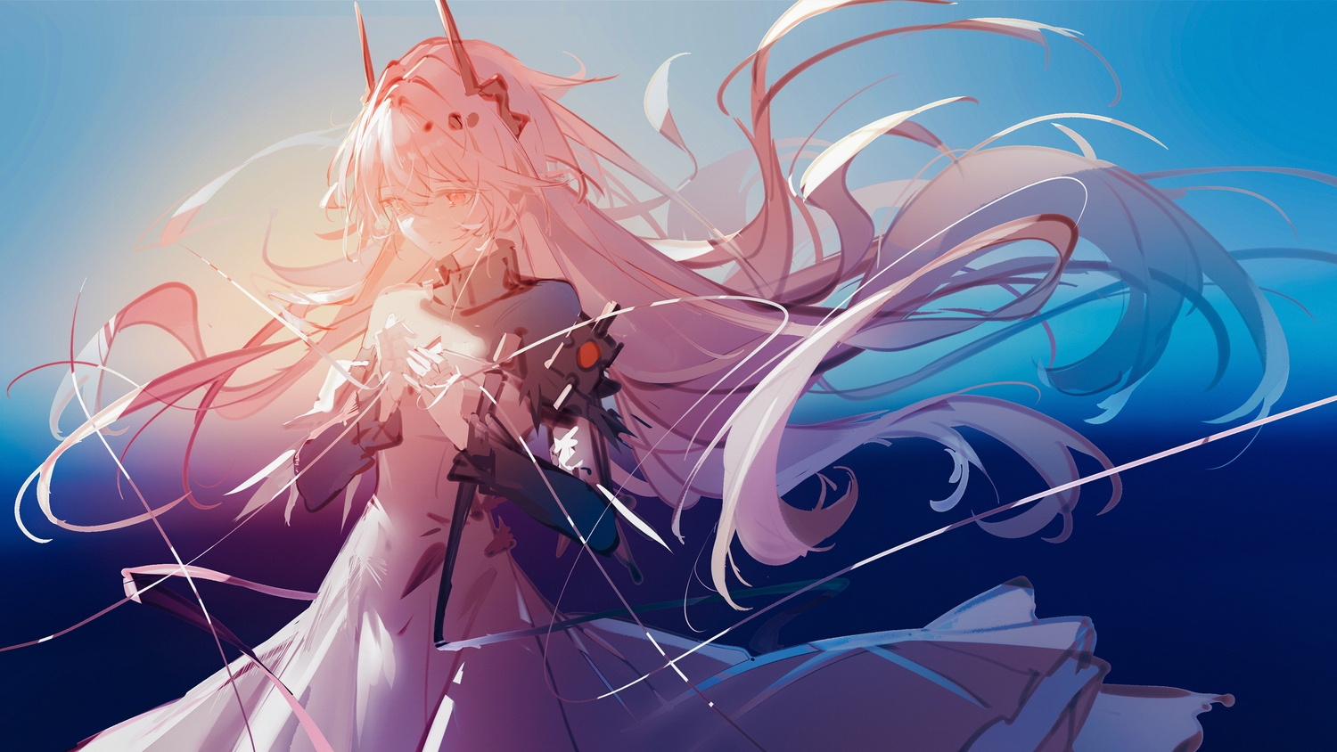 arknights, dress, gradient, horns, long_hair, luozhou_pile, magic, pink_eyes