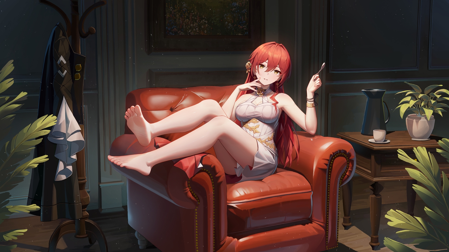 barefoot, breasts, cleavage, dress, drink, himeko_(honkai:_star_rail), honkai_(series), honkai:_star_rail, leaves, long_hair, red_hair, wa_(user_snch2757), wristwear, yellow_eyes