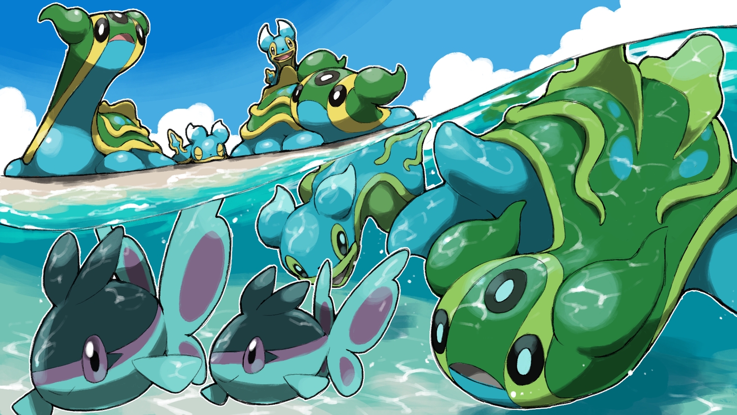 animal, beach, black_eyes, blacknirrow, clouds, finneon, fish, gastrodon
